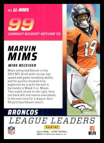 Marvin Mims football card from 2024 Score League Leaders with original gloss finish