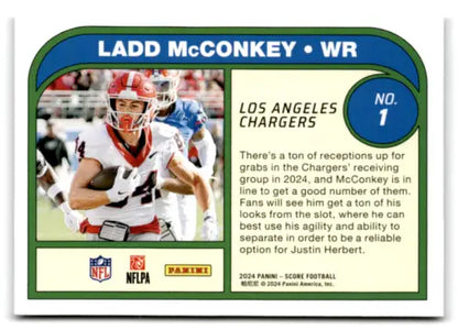 Ladd McConkey football card featuring Score Protential Pink design with original gloss finish