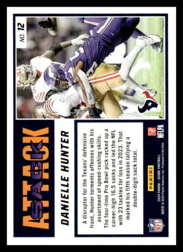 2024 Score Sack Attack #12 Danielle Hunter NM-MT football card with original gloss