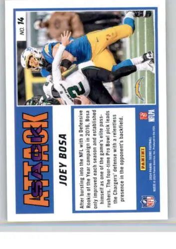 2024 Score Sack Attack #14 Joey Bosa football card with original gloss from LA Chargers