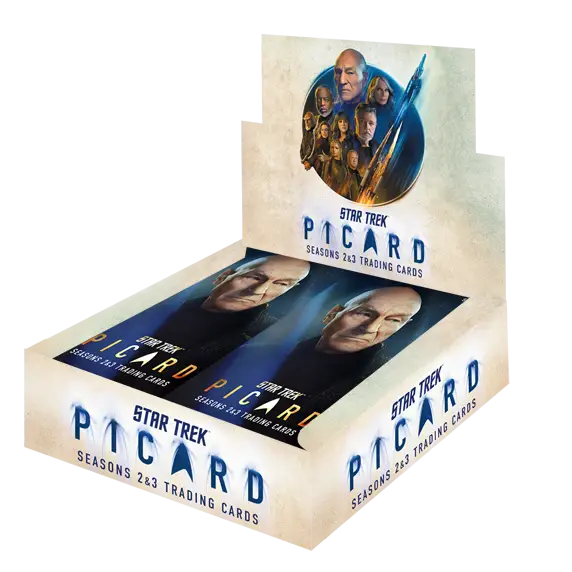 Box of Star Trek Picard trading cards featuring characters from Trek Picard seasons 2 and 3