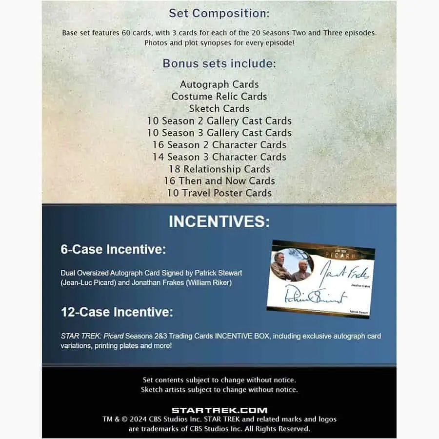 Product information card for Star Trek Picard trading card collection incentives and composition