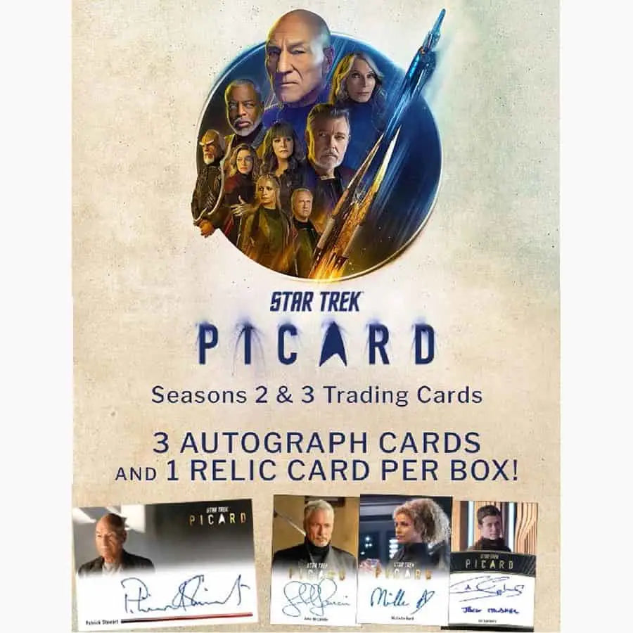 Promotional poster for Star Trek Picard trading cards featuring character portraits and autographs