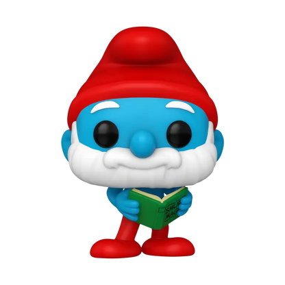 Blue Smurf figurine in red hat reading book, Summer Convention Exclusive Papa Smurf Funko Pop