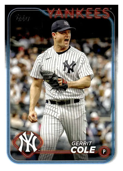 Gerrit Cole in New York Yankees uniform shows emotion during a game on baseball card