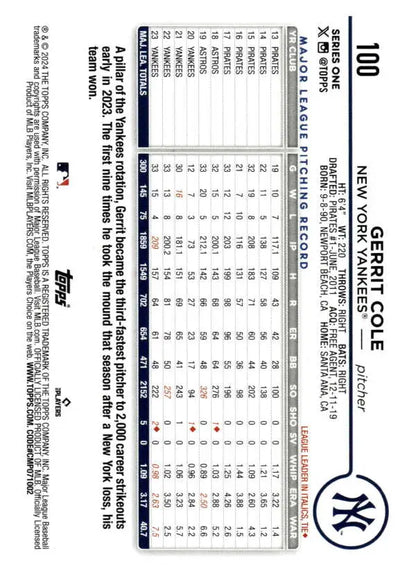 Baseball scorecard with statistics for tracking Gerrit Cole and New York Yankees games