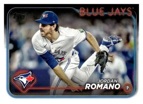 Jordan Romano baseball card featuring original gloss from 2024 Topps Blue Jays series