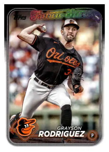 Baseball card of Grayson Rodriguez in black jersey, showcasing Orioles Future Stars