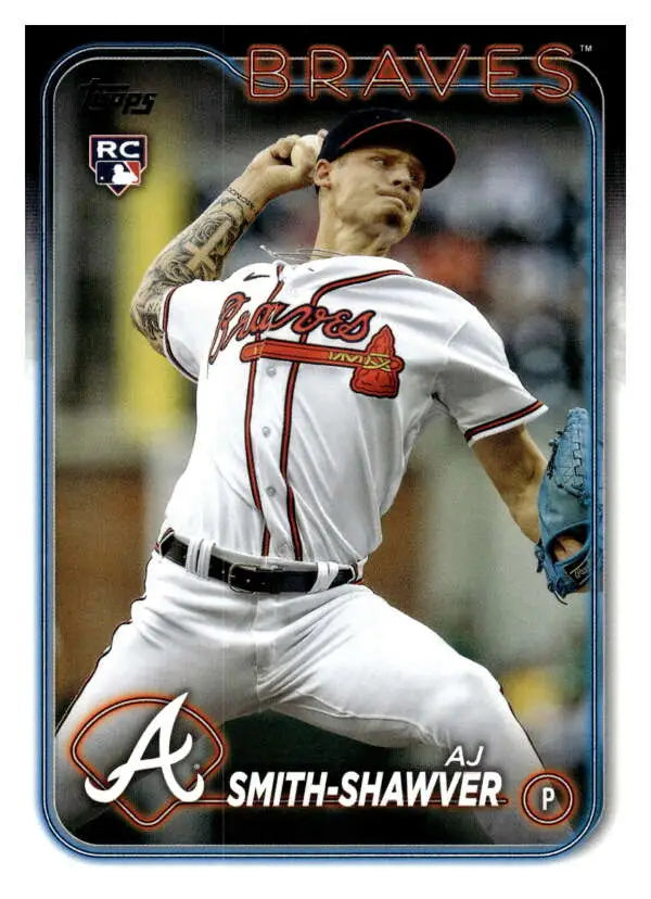 Atlanta Braves baseball card featuring rookie AJ Smith-Shawver in mid-throwing motion