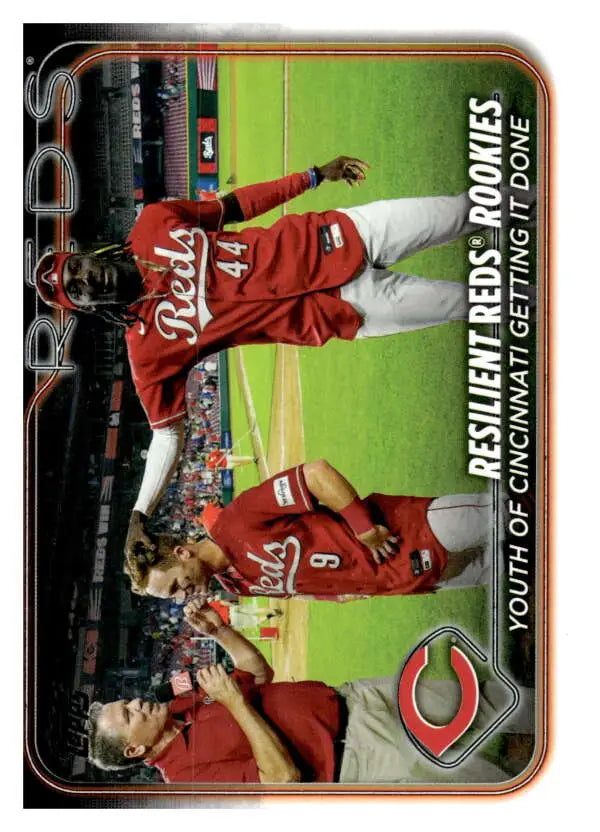 Cincinnati Reds baseball card showcasing three players in red uniforms making diving plays