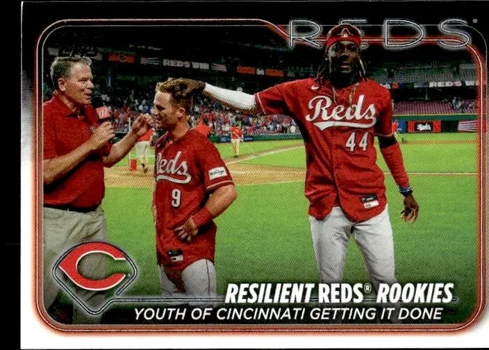 Baseball card showcasing Resilient Reds Rookies on the field in red uniforms