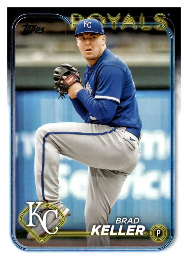 Brad Keller in a blue Kansas City Royals uniform pitching on his baseball card