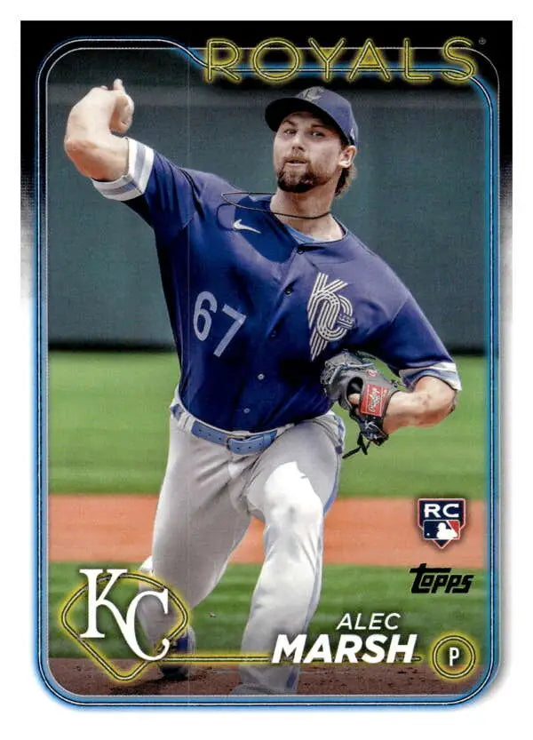 Alec Marsh mid-pitching for Kansas City Royals on his Rookie Card 2024 Topps #163