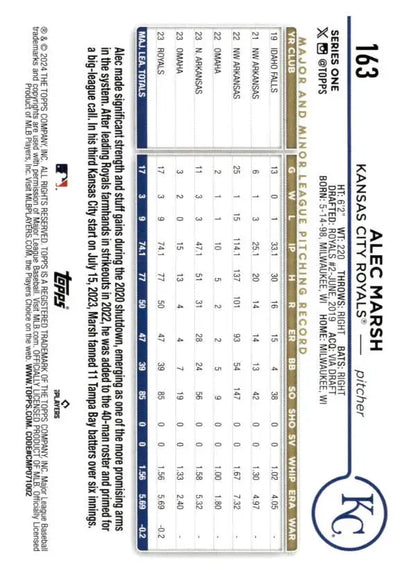 Kansas City Royals scorecard with numbered rows alongside Alec Marsh rookie card