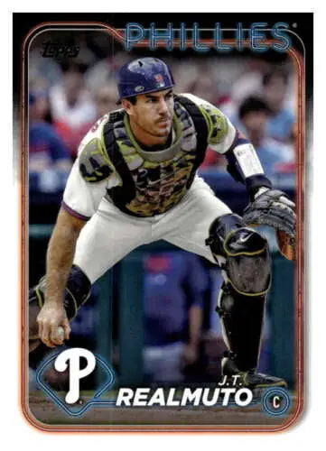 Baseball card of Realmuto NM-MT Phillies catcher in protective gear and crouched stance