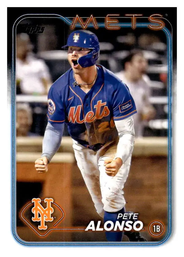 Baseball player in New York Mets jersey captured in 2024 Topps Pete Alonso baseball card