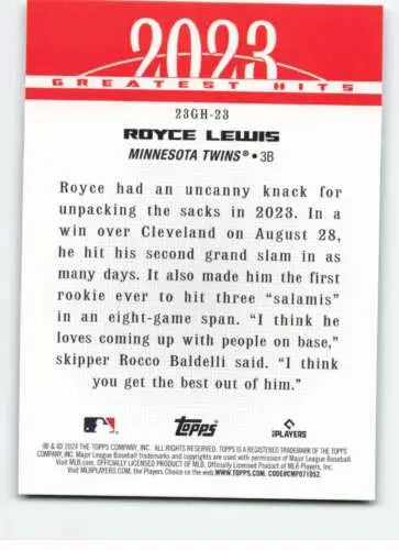 Royce Lewis baseball card from 2024 Topps Greatest Hits with original gloss finish