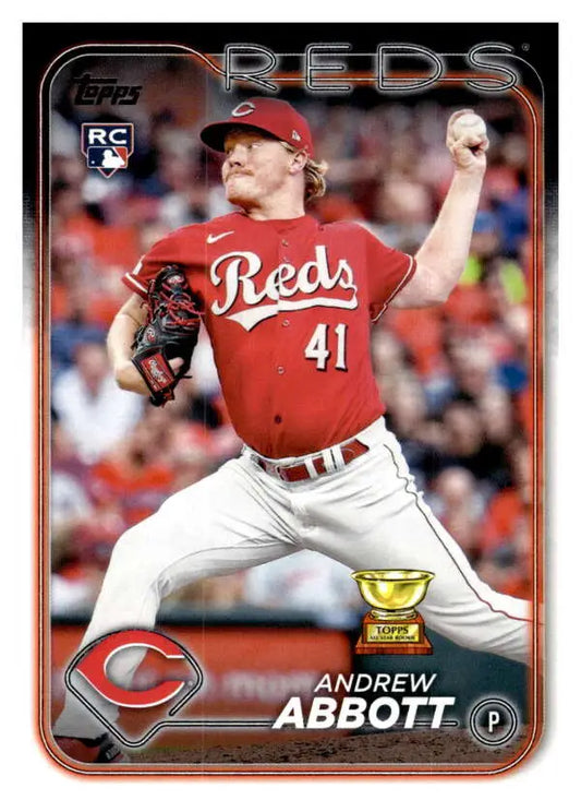 Cincinnati Reds Rookie Andrew Abbott mid-throw on 2024 Topps #214 baseball card