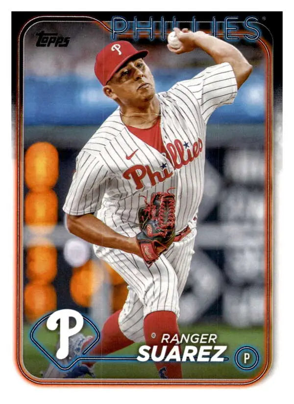 Baseball card of Ranger Suarez pitching for the Philadelphia Phillies in pinstriped uniform