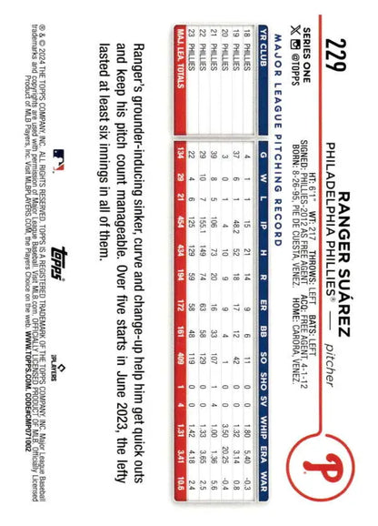 2024 Topps #229 Ranger Suarez baseball card showcasing Philadelphia Phillies statistics