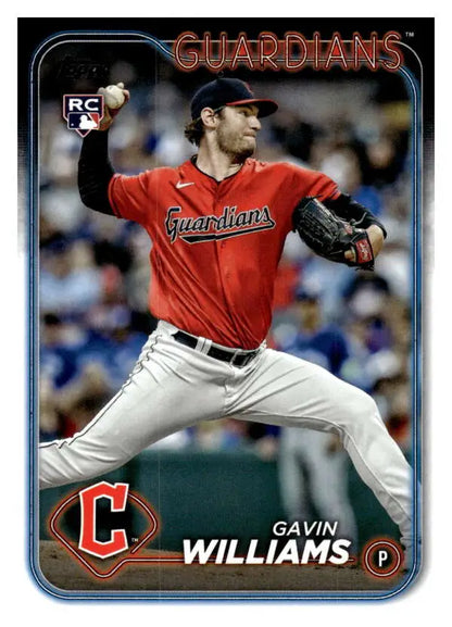 Cleveland Guardians rookie Gavin Williams pitching in red jersey on baseball card