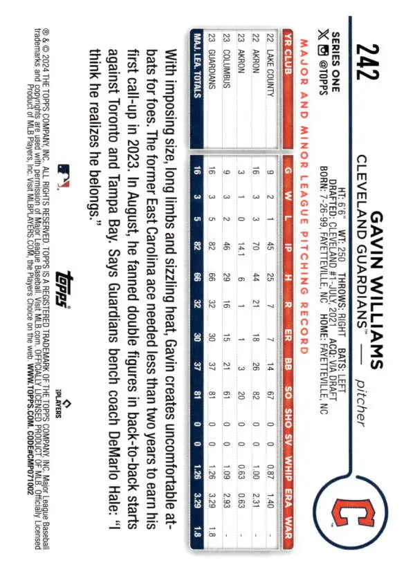 Baseball trading card of Gavin Williams showcasing Cleveland Guardians rookie stats