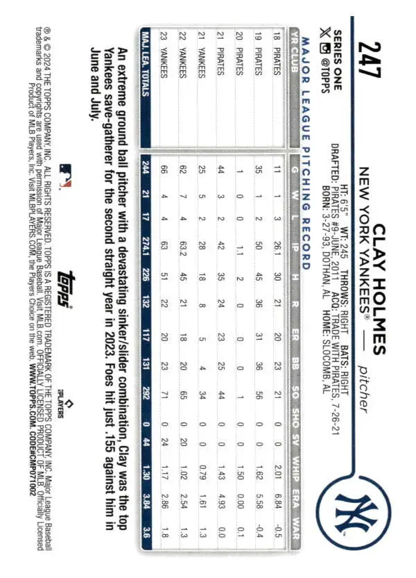 Baseball scorecard for tracking game data featuring Clay Holmes and New York Yankees stats