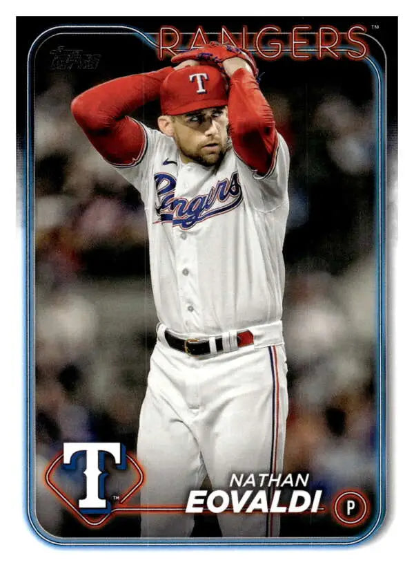 Baseball card of Nathan Eovaldi pitching for Texas Rangers in white home uniform