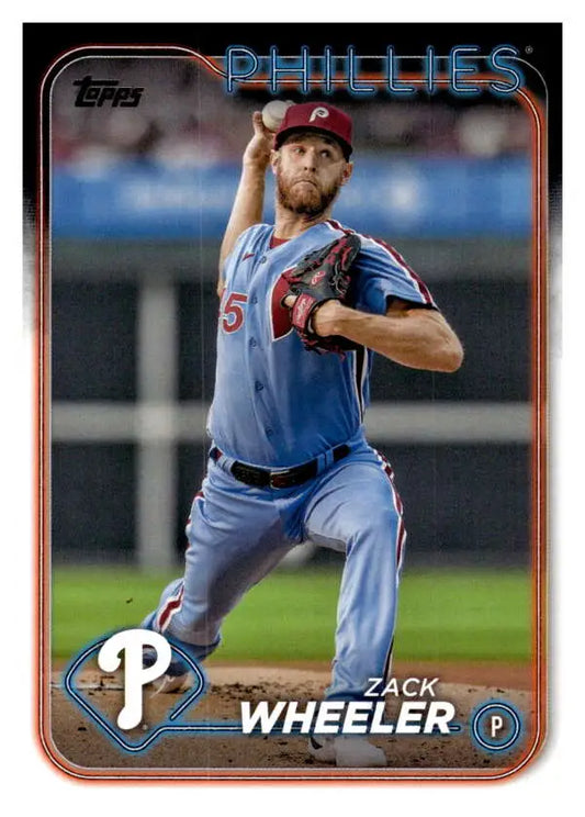 Baseball card of Zack Wheeler in mid-throw for Philadelphia Phillies gray uniform