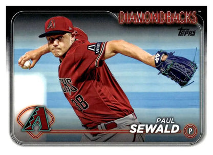 Baseball card of Paul Sewald in red uniform, Arizona Diamondbacks pitcher mid-throw