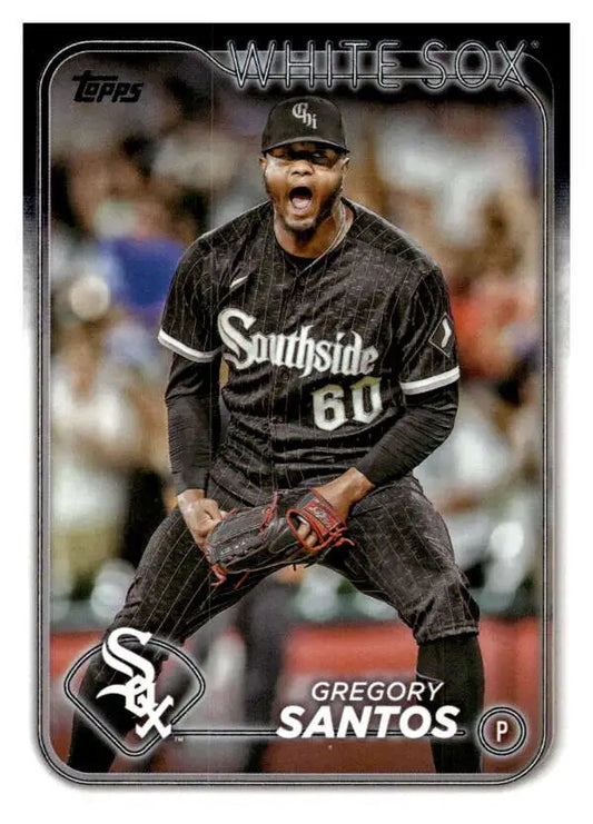 Gregory Santos celebrating in black White Sox uniform on 2024 Topps baseball card