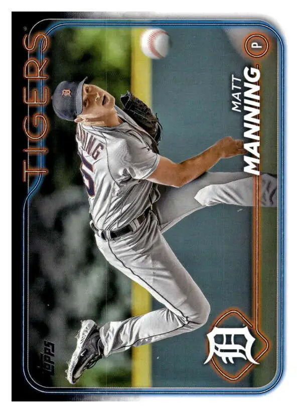 Baseball player Matt Manning leaping for a catch in Detroit Tigers baseball card image