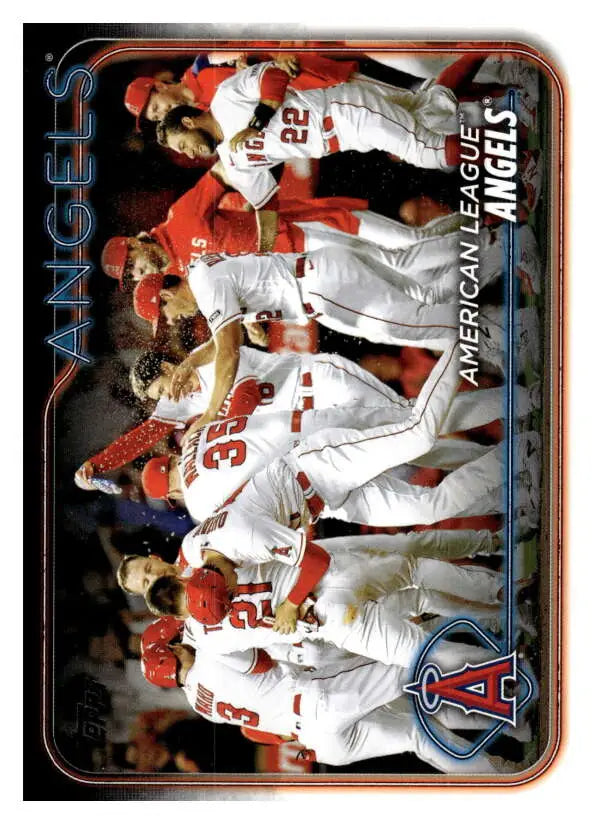 Los Angeles Angels players celebrate in white home uniforms on baseball trading card