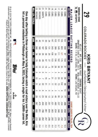 Scantron test answer sheet with bubbles for Kris Bryant Colorado Rockies baseball card