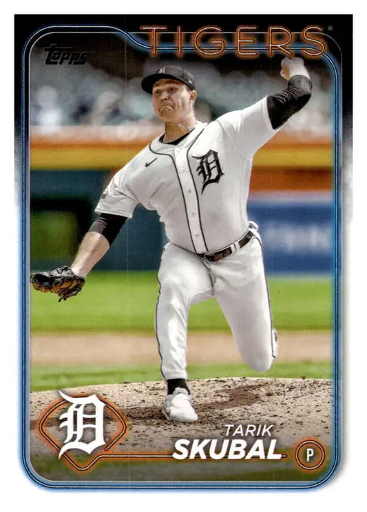 Tarik Skubal in mid-throw wearing Detroit Tigers home uniform on baseball card