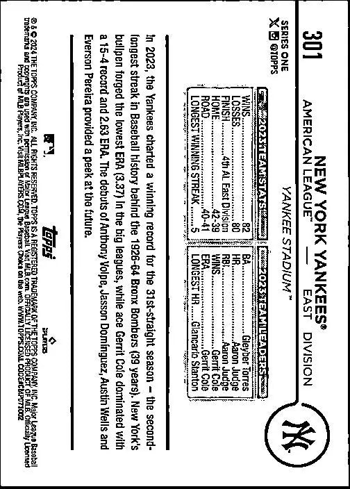 Nutrition facts label from a New York Yankees food product in 2024 Topps #301 card