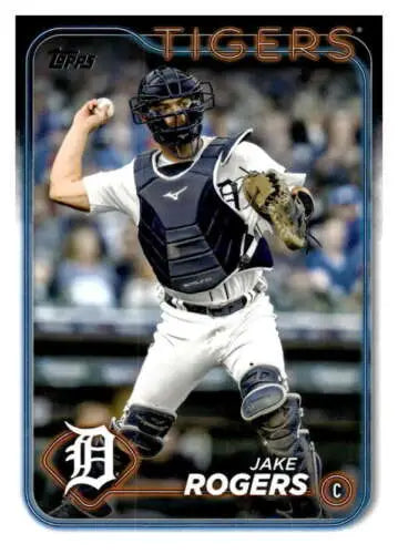 Baseball card of Jake Rogers in navy gear, showcasing original gloss for Tigers fans