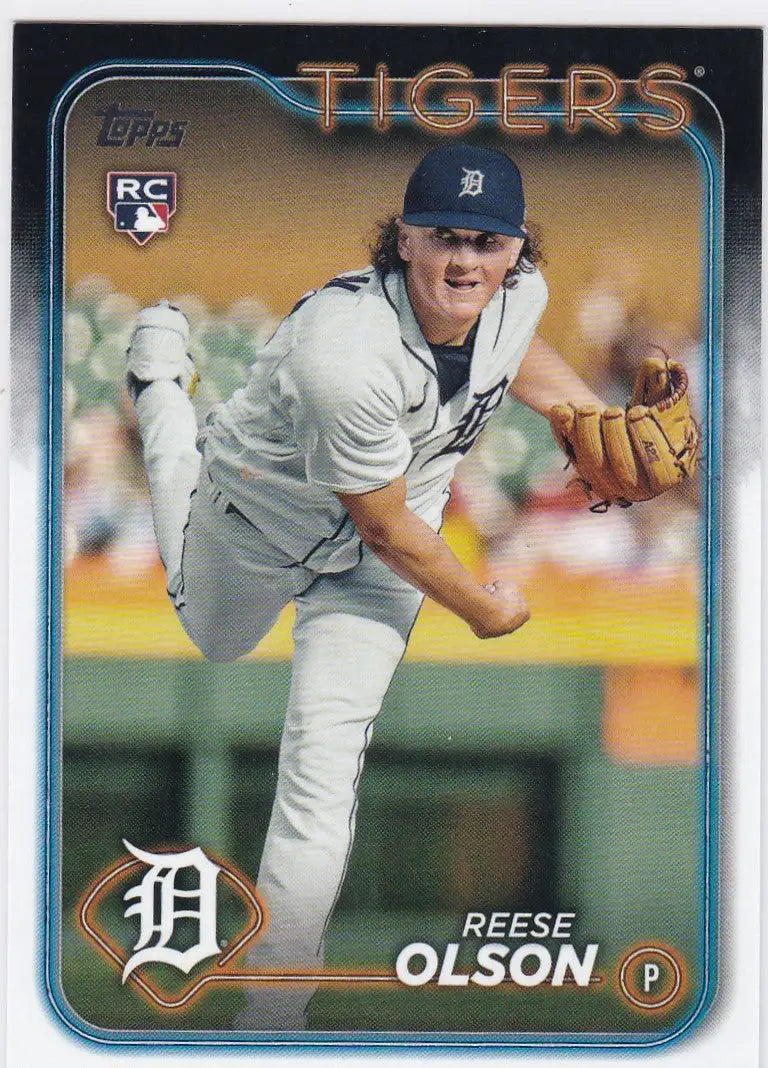 Baseball card of Reese Olson RC Rookie in mid-throwing motion for Detroit Tigers