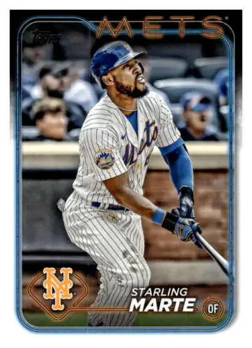 Starling Marte swinging bat on 2024 Topps #317 baseball card in pinstripe uniform