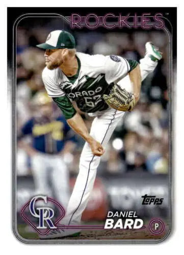 Baseball card of Daniel Bard in mid-delivery, featuring original gloss, Rockies ID:68409