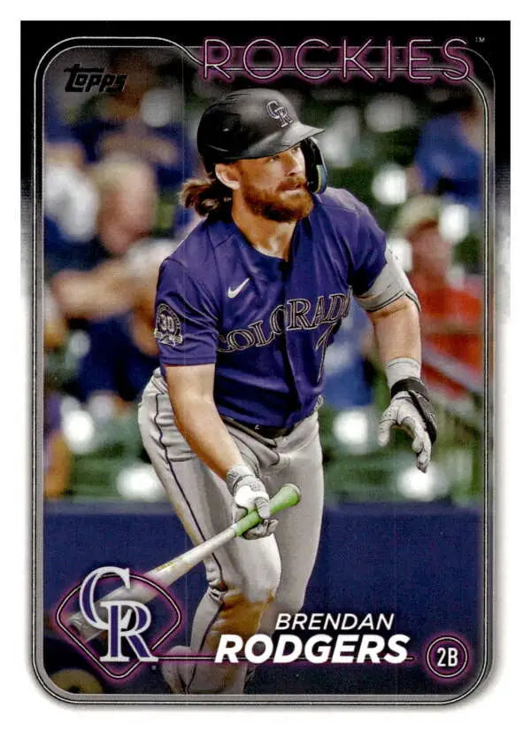 Baseball card of Brendan Rodgers in purple jersey for Colorado Rockies at bat