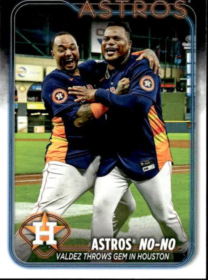 Baseball card celebrating Astros no-hitter with players embracing, 2024 Topps #329