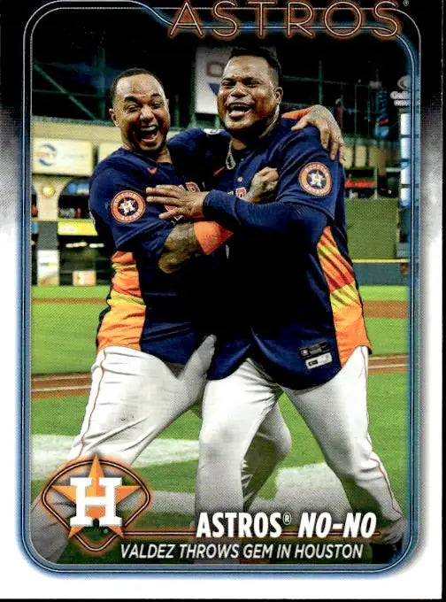 Baseball card celebrating Astros no-hitter with players embracing, 2024 Topps #329