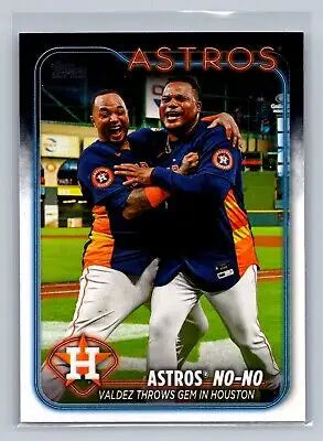 Baseball card of Valdez throws gem, celebrating Astros players in 2024 Topps #329