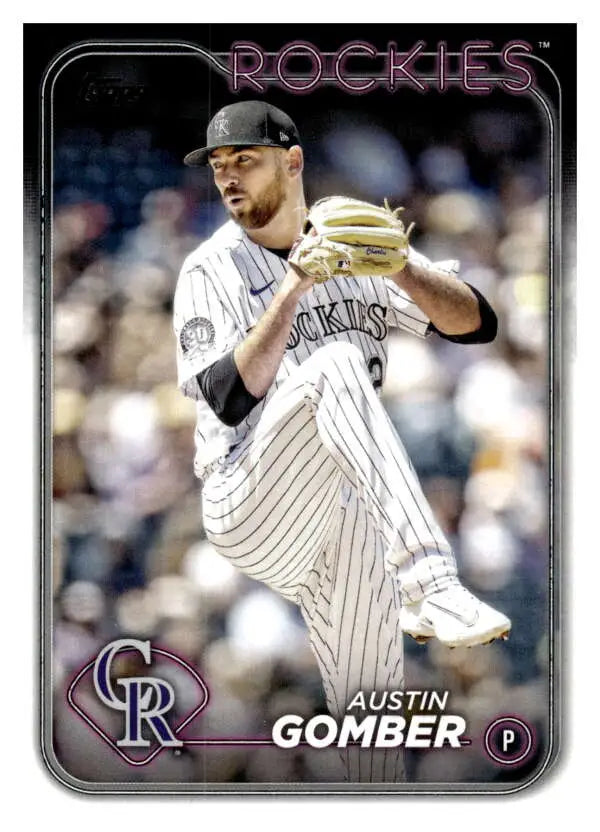 Austin Gomber pitching in pinstriped uniform on 2024 Topps Colorado Rockies baseball card