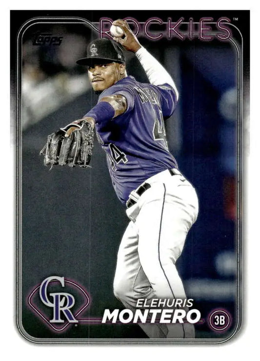 Elehuris Montero mid-pitch in Colorado Rockies uniform on Baseball Card 2024 Topps #341