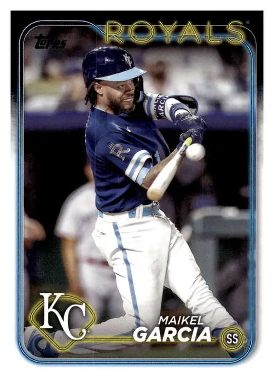 Baseball card of Maikel Garcia in Kansas City Royals navy jersey at bat