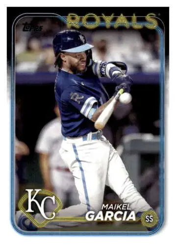 Baseball card of Maikel Garcia swinging for Kansas City Royals with original gloss finish