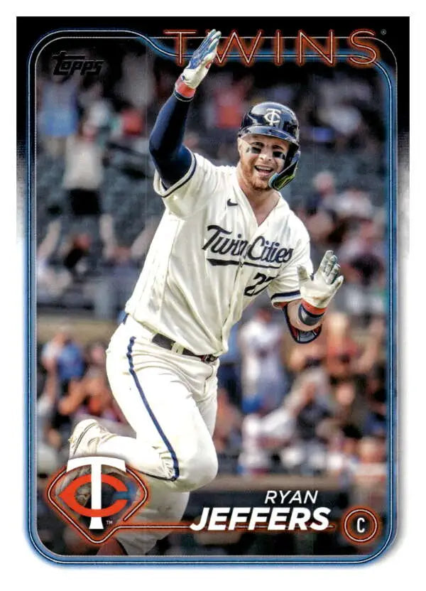 Baseball card of Ryan Jeffers celebrating in a Minnesota Twins game