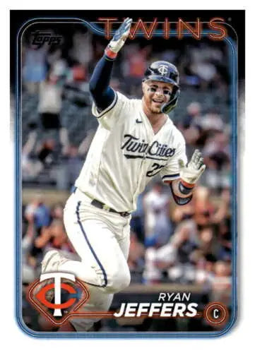 Baseball card of Ryan Jeffers celebrating, featuring original gloss for Minnesota Twins